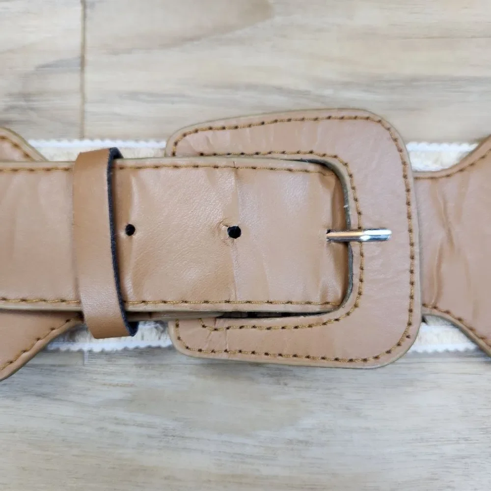 🩵Cream & Brown Wide Elastic Woven Knit Belt Large